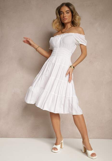 Biała Sukienka Rozkloszowana z Bawełny z Bufiastymi Rękawami i Guzikami Anniliana