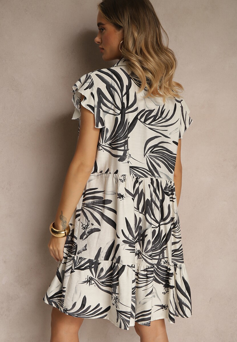 Granatowa Sukienka z Bawełną Lnem i Wiskozą w Liście Lilestia