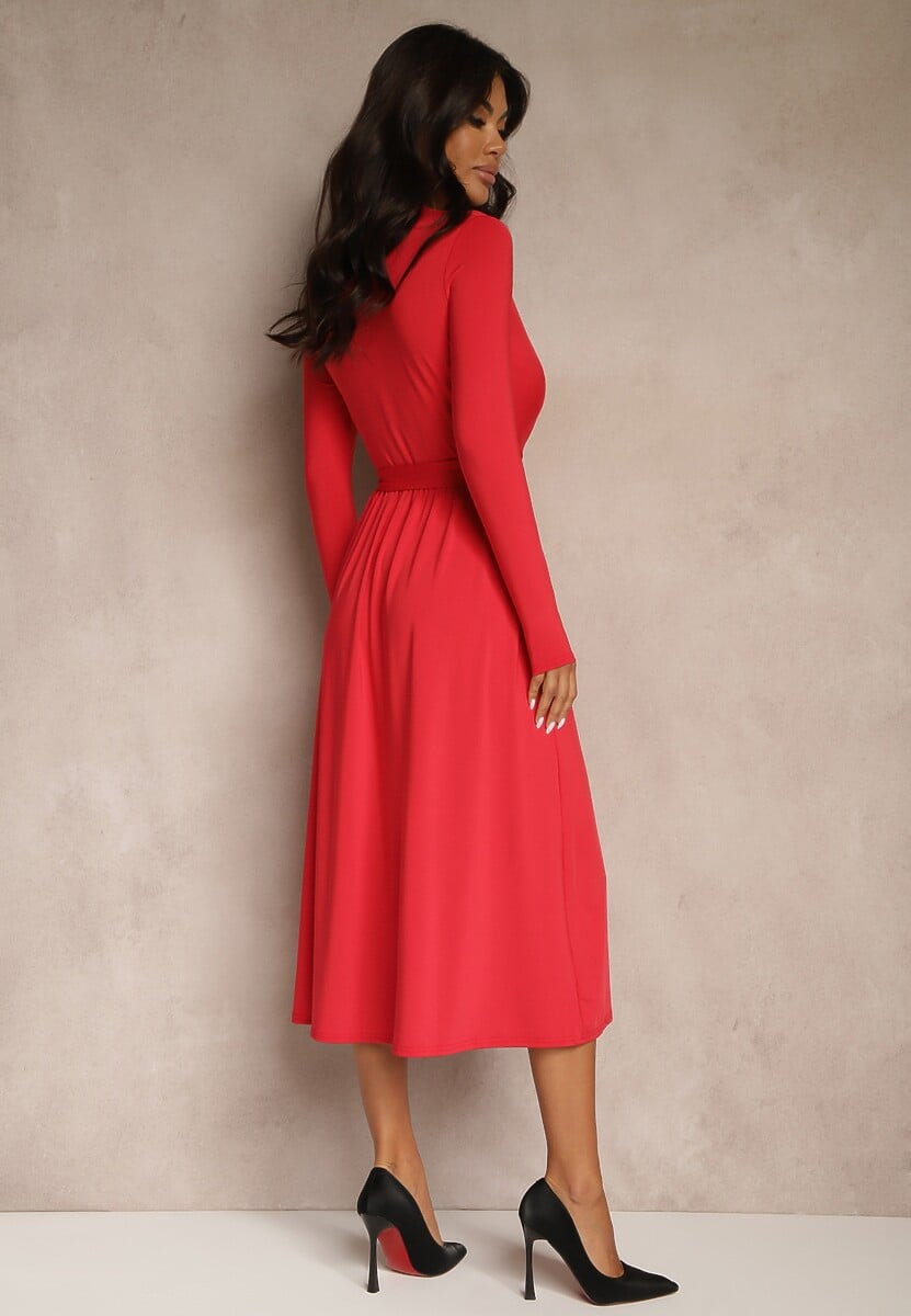 Czerwona Taliowana Sukienka z Paskiem z Domieszką Wiskozy Hrestalia
