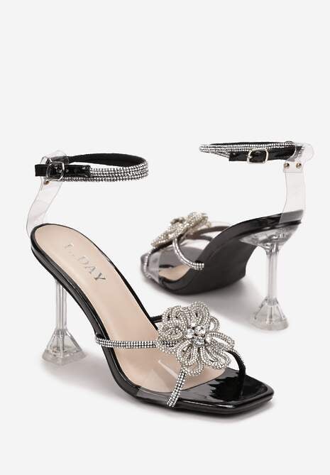 Czarne Sandały z Cyrkoniami na Transparentnej Szpilce Cezi
