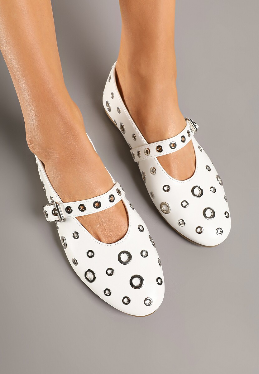 Białe Balerinki w Metalowe Okręgi ze Sprzączką Lialitte