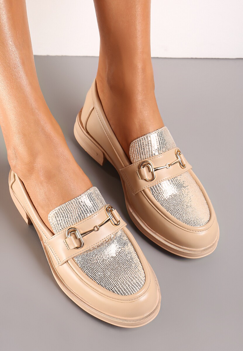 Beżowe Mokasyny z Klamerką i Brokatem Semirame