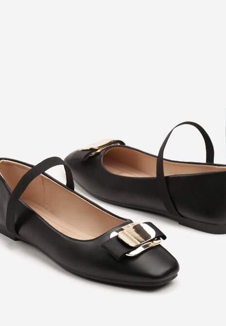 Czarne Balerinki Zdobione Biżuteryjną Aplikacją i Elastycznym Paskiem Inirea