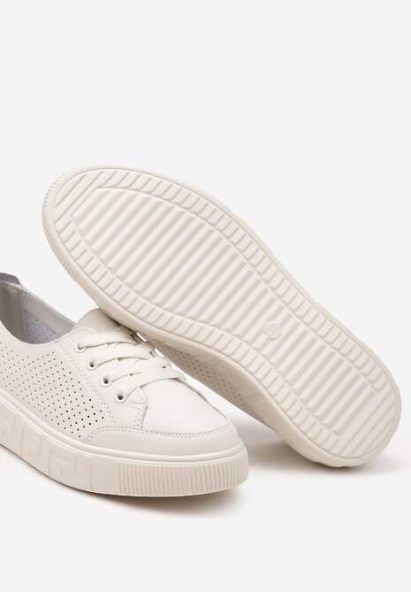 Beżowe Sneakersy ze Skóry Naturalnej z Perforacją Isolena