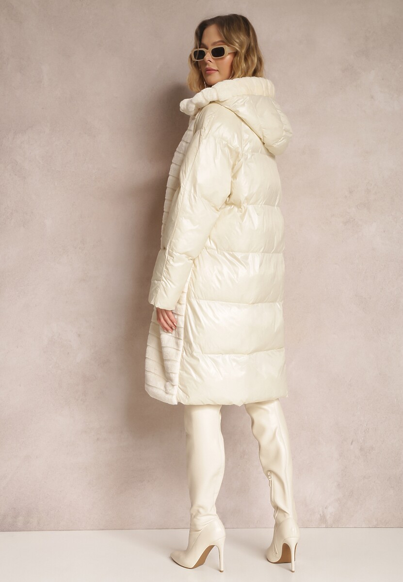 Jasnobeżowa Kurtka Futerko Pikowana z Kapturem Alysa