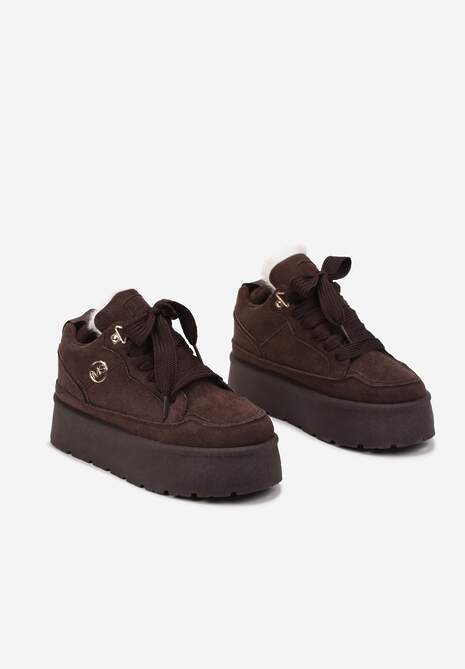 Brązowe Sneakersy z Ekozamszu na Grubej Podeszwie Wyściełane Futerkiem Senavel