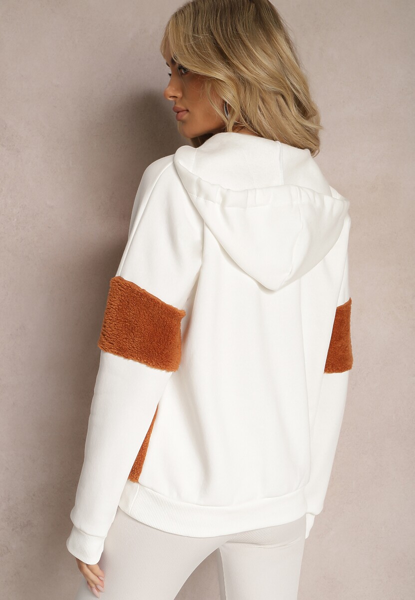 Biała Bawełniana Bluza z Kapturem ze Ściągaczami i Polarem Eurynia