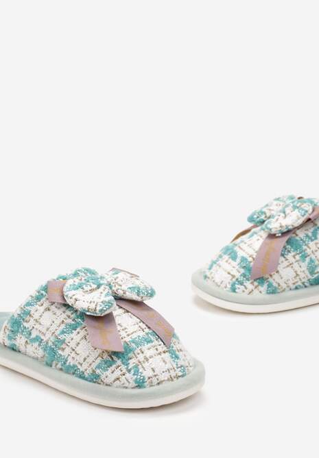 Zielone Wsuwane Kapcie w Kratkę z Metalicznej Nici z Kokardką z Przodu Kapati