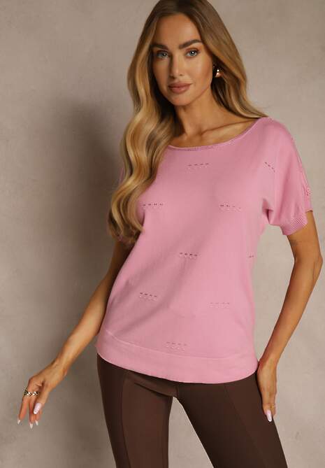 Różowa Dzianinowa Bluzka z Cyrkoniowymi Aplikacjami Fenellia