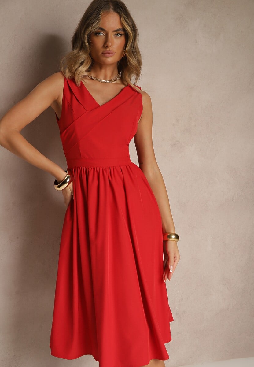 Czerwona Basicowa Sukienka Vices o Rozkloszowanym Kroju Tolaneia