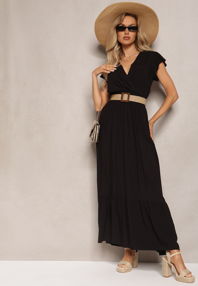 Czarna Rozkloszowana Sukienka Maxi z Bawełny o Kopertowym Kroju Asmerie