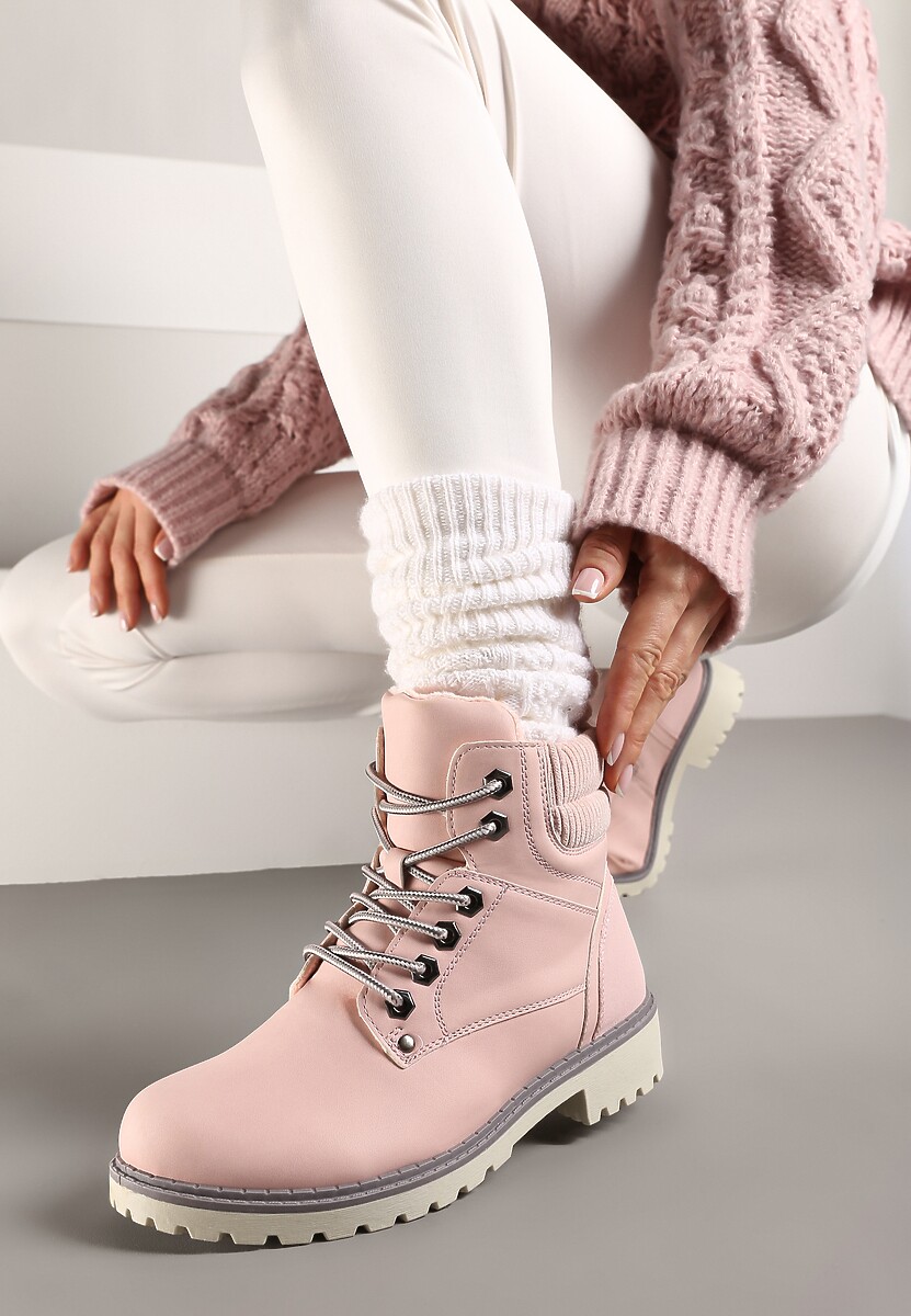 Różowe Sznurowane Casualowe Traperki na Płaskiej Podeszwie Relobia
