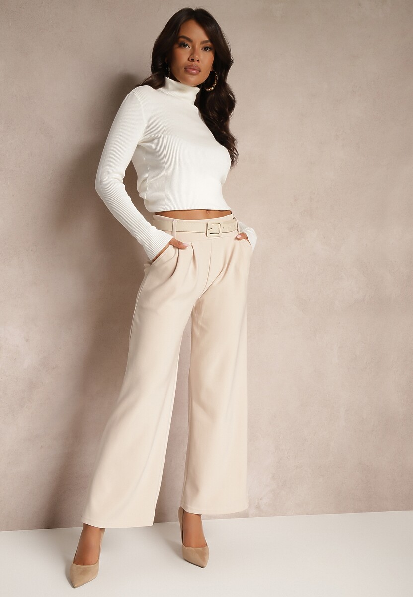 Beżowe Garniturowe Spodnie High Waist z Gumką i Dodatkowym Paskiem w Talii  Mattine