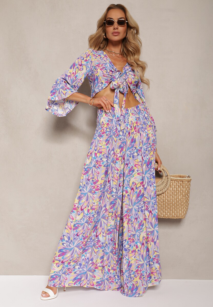 Niebiesko-Fioletowy Komplet z Bawełny Bluzka z Wiązaniem Spodnie Typu Palazzo z Gumką w Talii Ocadia