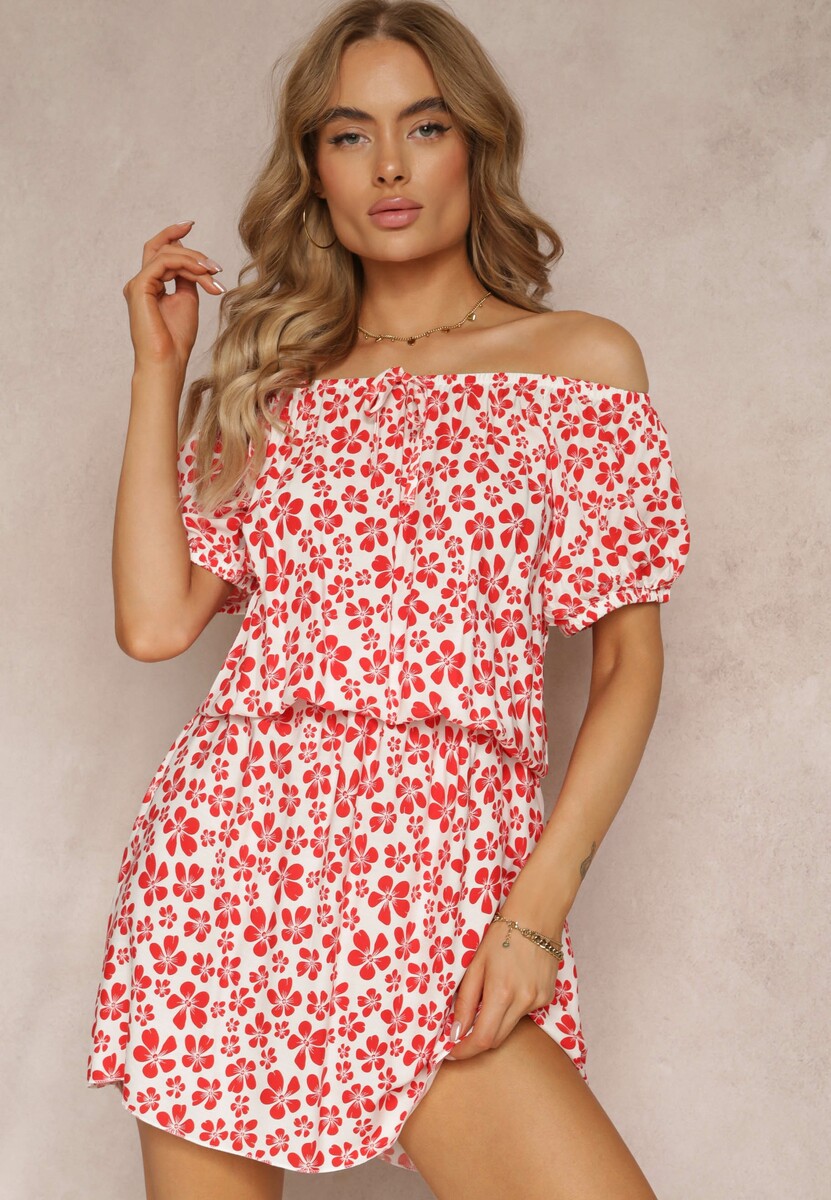 Zielona Wiskozowa Sukienka Mini Hiszpanka z Gumką w Pasie Bradite