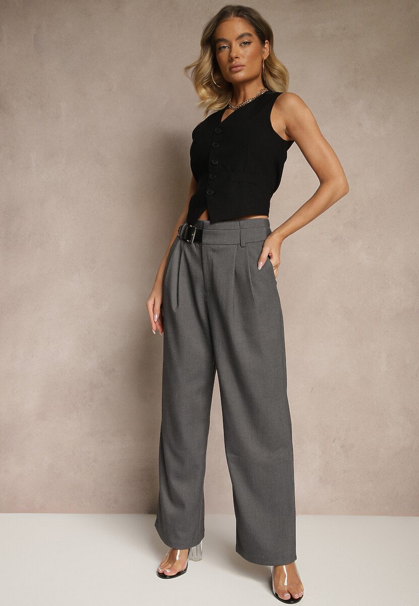 Szare Szerokie Spodnie Garniturowe z Wiskozą High Waist Ozdobione Paskiem Elowanda