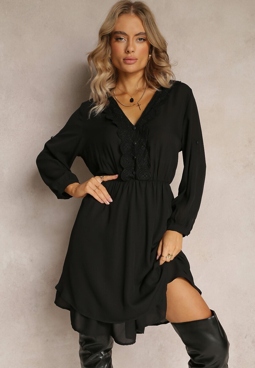 Granatowa Sukienka Mini z Gumką w Talii i Koronkowymi Wstawkami Kelia