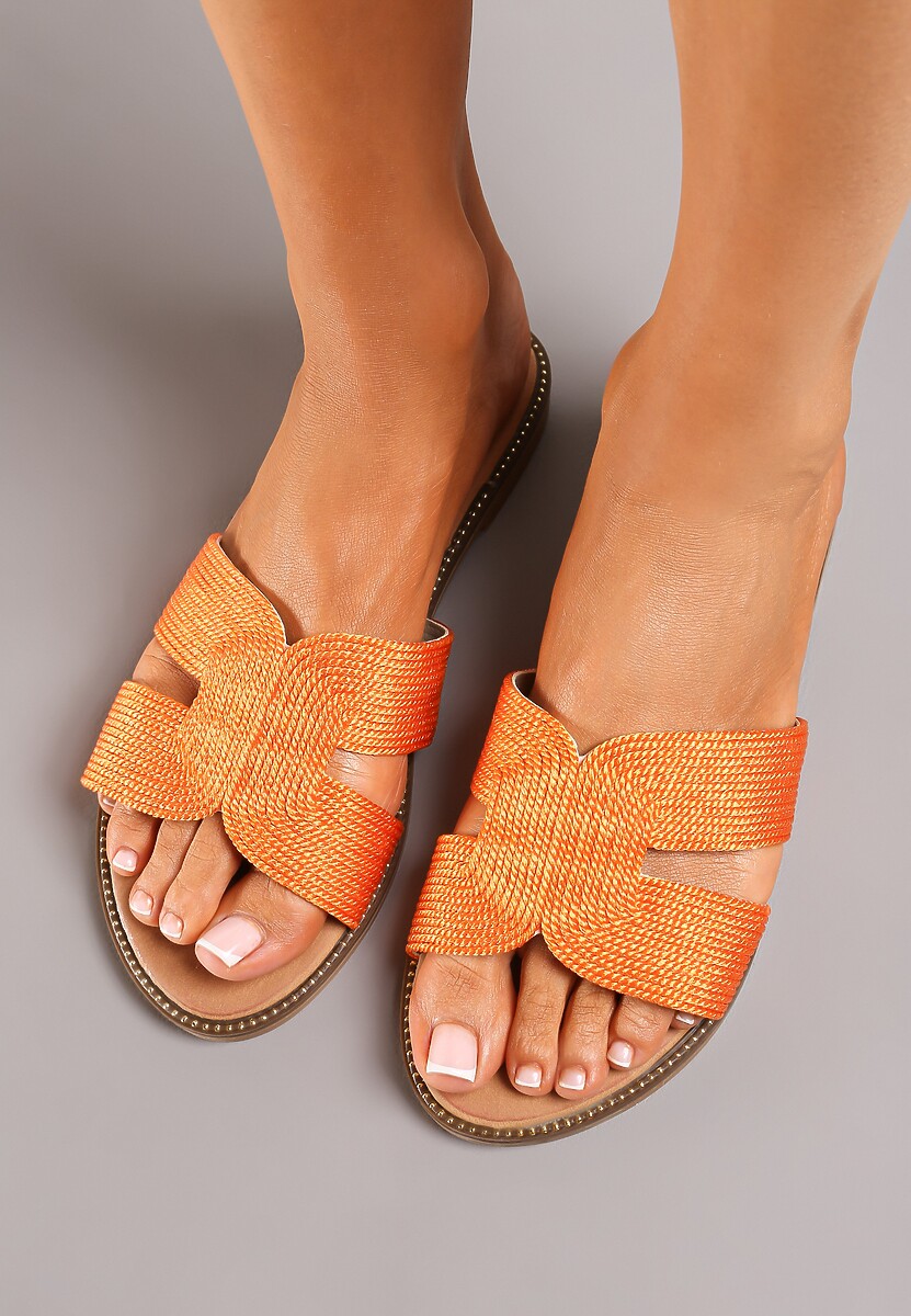 Pomarańczowe Klapki na Płaskiej Podeszwie z Plecioną Cholewką Undvikia