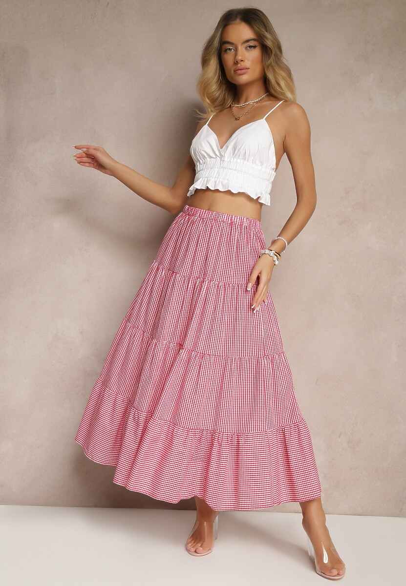 Czarno-Biała Spódnica w Kratkę z Bawełny o Rozkloszowanym Kroju Stemani