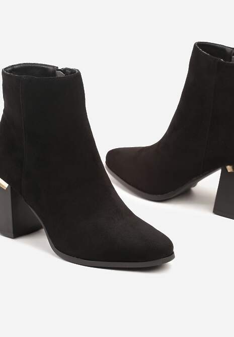 Czarne Botki z Ekozamszu na Niskim Obcasie z Metalicznym Detalem Zinamara