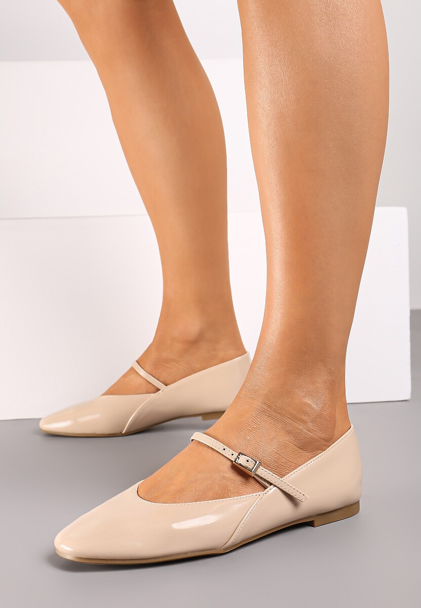 Beżowe Casualowe Balerinki Mary Jane z Ozdobnym Paseczkiem ze Sprzączką Nailira