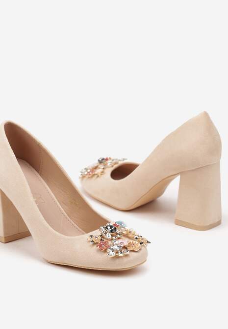 Beżowe Czółenka Vices na Obcasie z Klamerką z Kryształków i Skórzaną Wkładką Arutia
