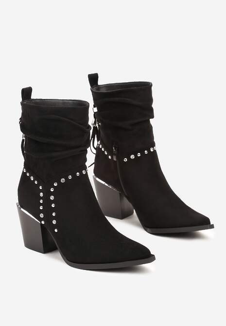 Czarne Botki Kowbojki na Stożku Ozdobione Cyrkoniami i Frędzlami w Stylu Boho Lerilani