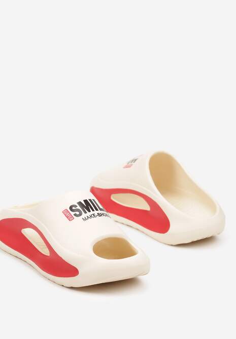 Beżowe Klapki z Pianki z Ozdobnym Nadrukiem na Płaskiej Podeszwie Teslyn