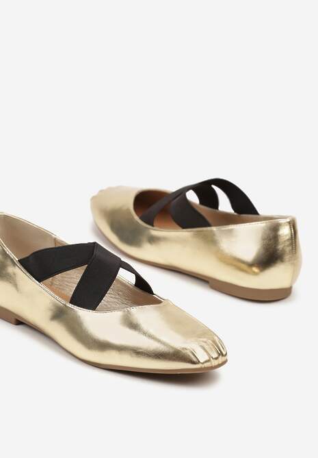 Złote Balerinki na Płaskiej Podeszwie z Gumką Elianora