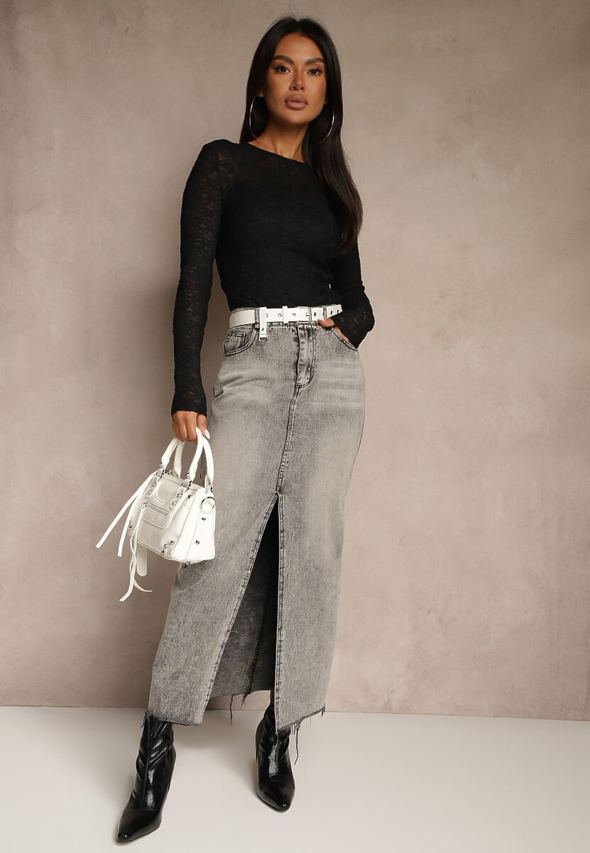 Niebieska Spódnica Jeansowa o Ołówkowym Kroju Zdobiona Rozcięciem Lisovira