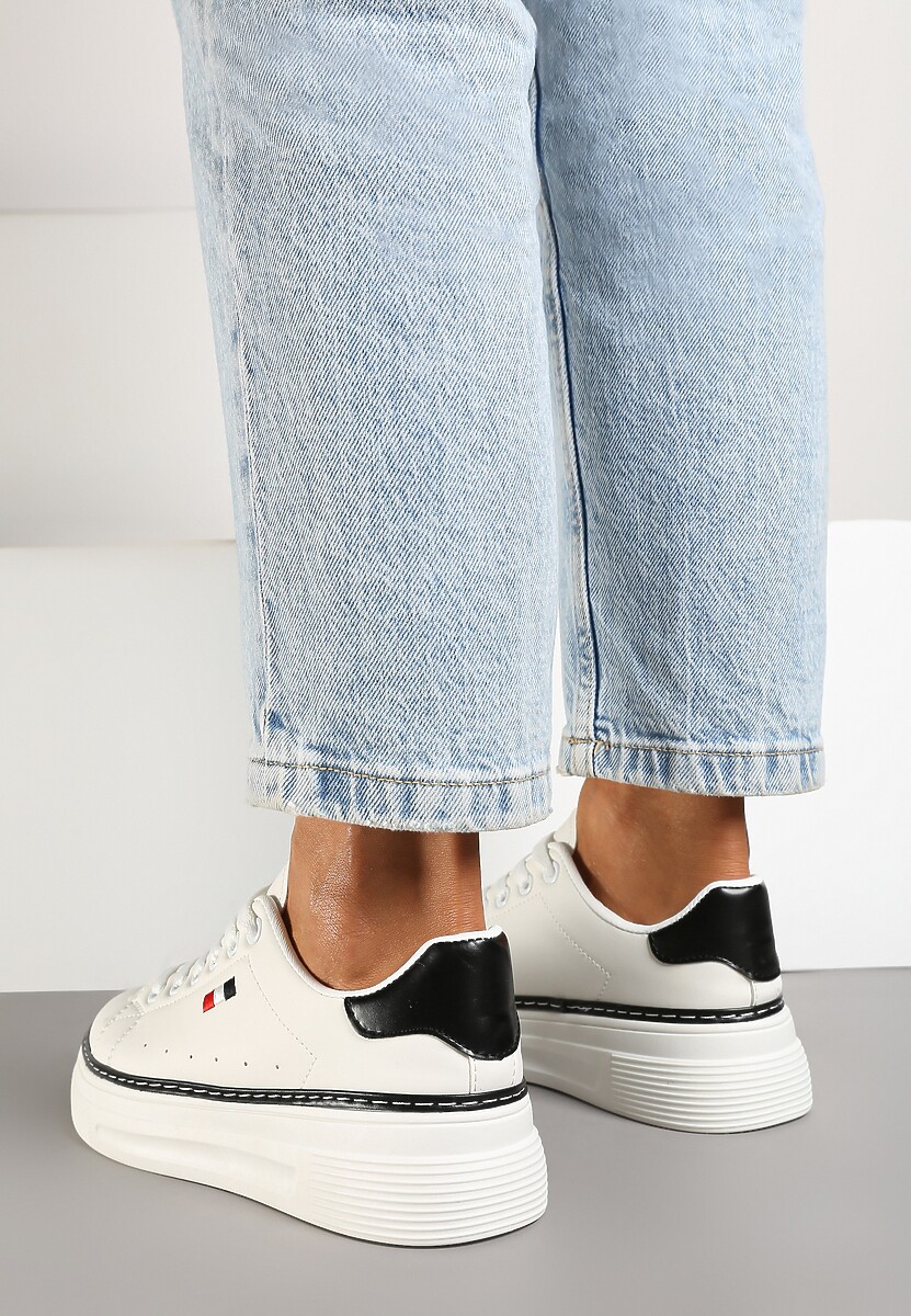 Biało-Czarne Sznurowane Sneakersy na Płaskiej Podeszwie z Lamówką Fedat