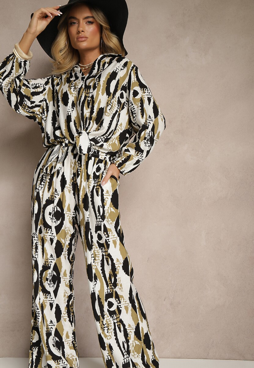 Zielony Komplet z Wiskozą Bluzka o Koszulowym Kroju i Szerokie Spodnie Sariliana