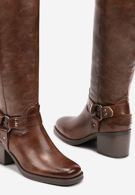 Ciemnobrązowe Kozaki na Obcasie w Stylu Bikerów z Okrągłą Klamrą Eziella