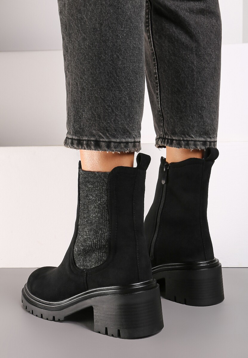 Czarne Botki na Słupku w Stylu Sztybletów z Elastyczną Gumką Ciandra