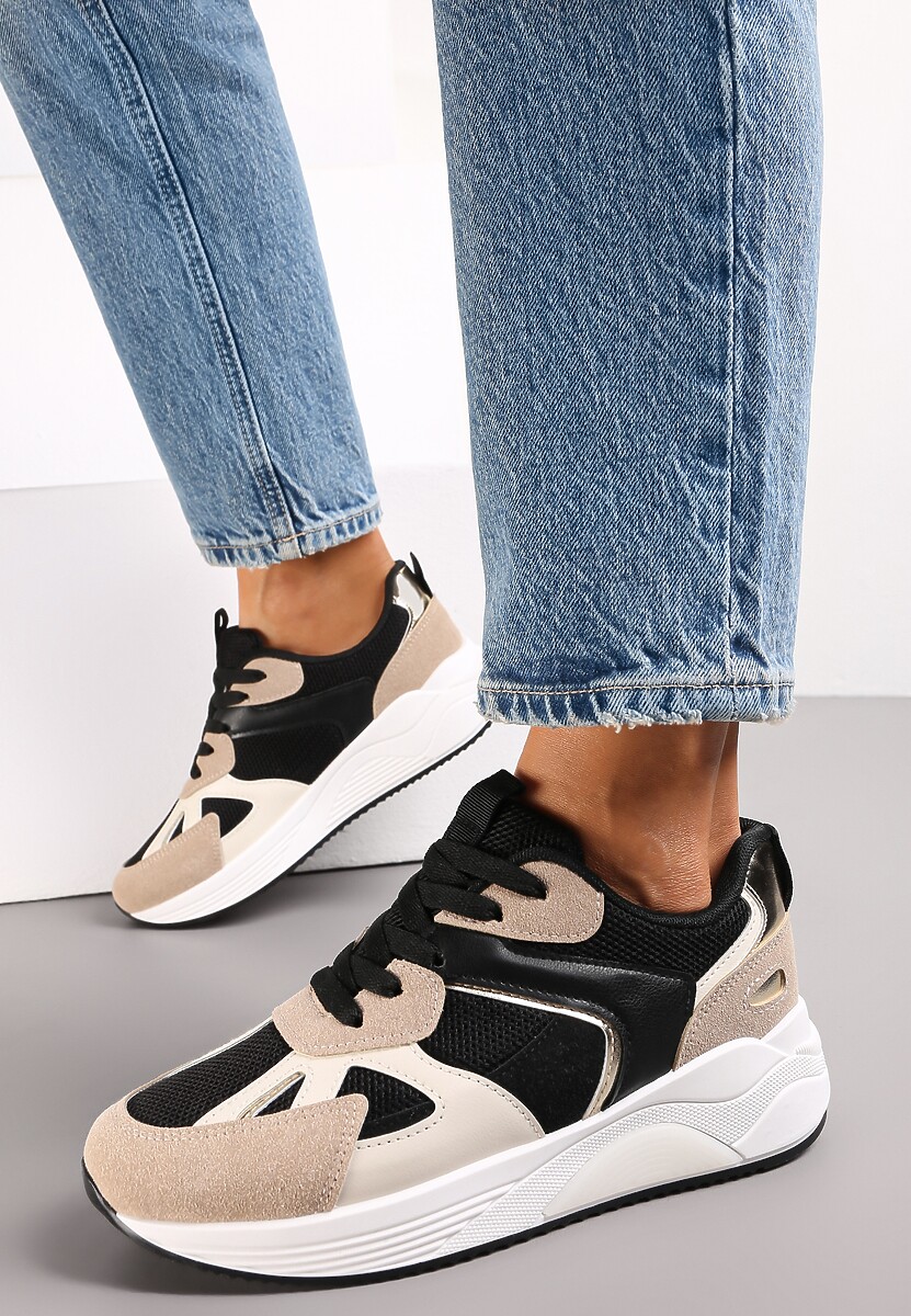 Czarne Sneakersy na Grubej Podeszwie z Ozdobnymi Wstawkami Faidneesi