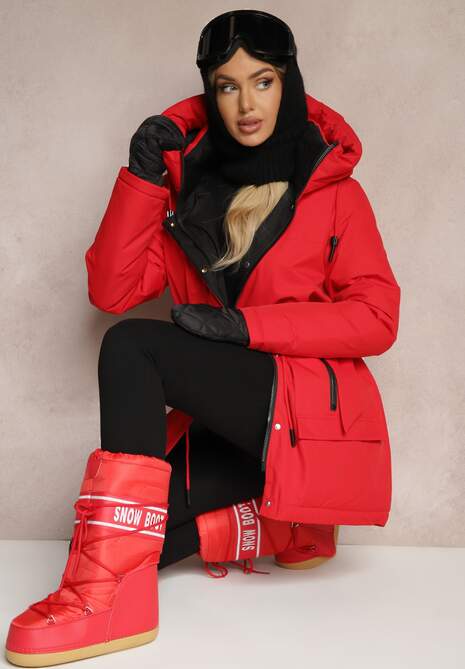 Czerwona Kurtka w Stylu Parki ze Ściągaczem i Kapturem Semelora