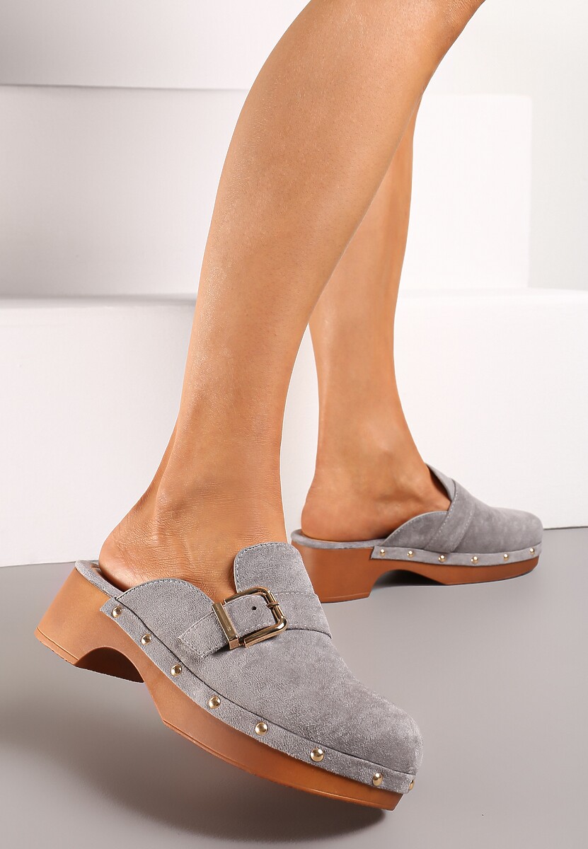 Szare Klapki Chodaki na Niskim Słupku z Nitami i Paskiem z Klamrą Anquia