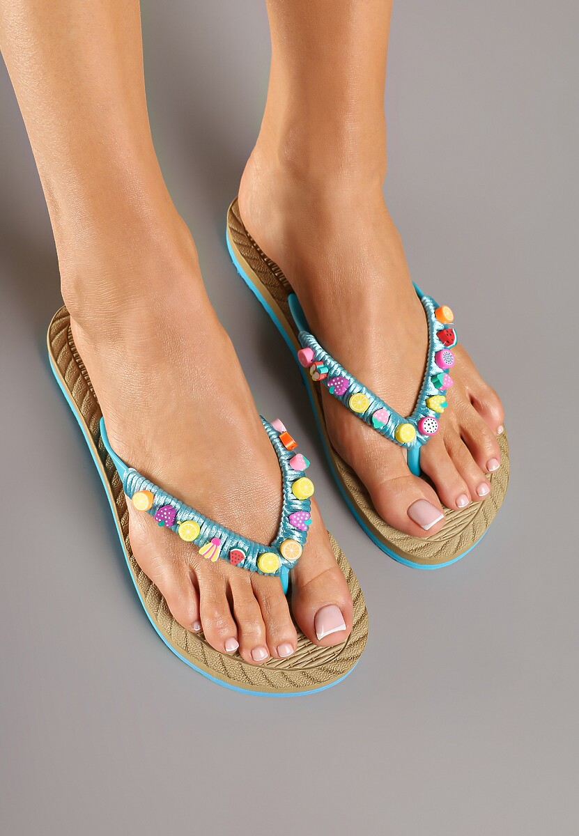 Jasnoniebieskie Japonki na Tłoczonej Podeszwie z Pianki Zdobione Aplikacjami Lorlevi