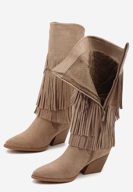 Ciemnobeżowe Kozaki Kowbojki na Stożku Ozdobione Frędzlami Giolanda