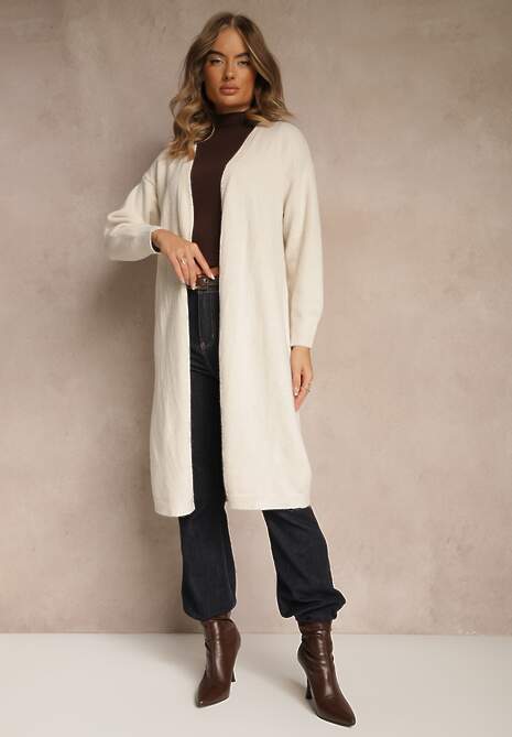 Biały Niezapinany Casualowy Kardigan z Wełną o Długim Kroju Zozita