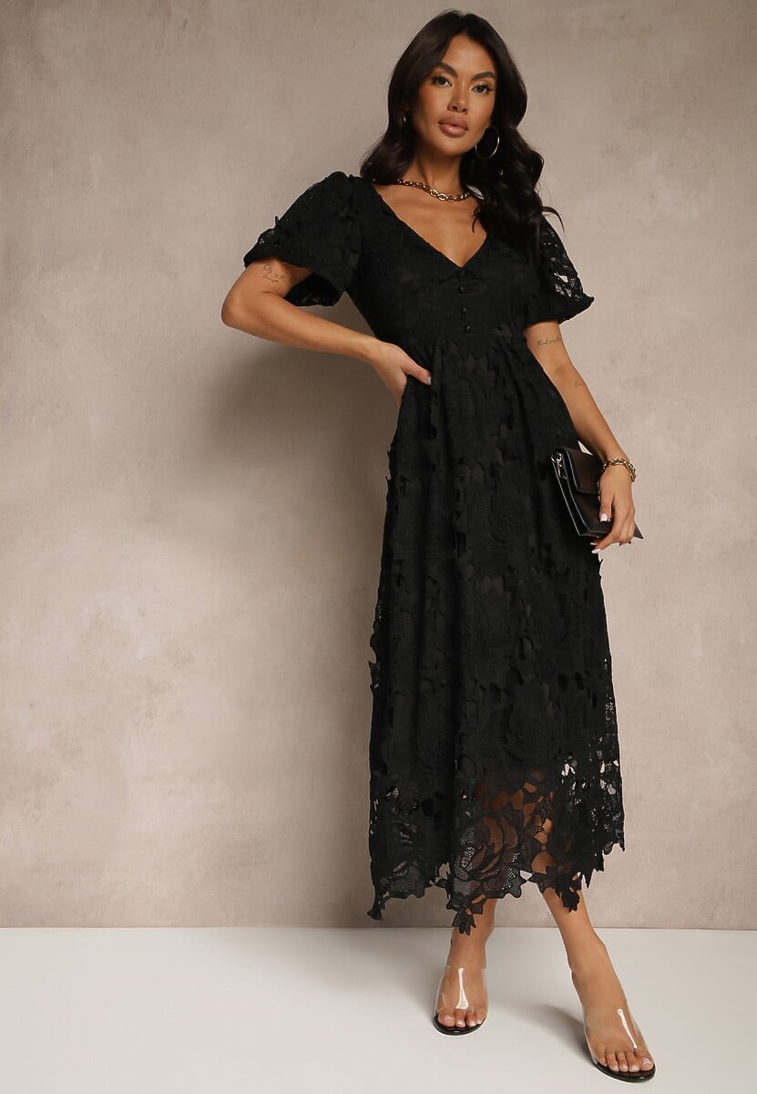 Czarna Koronkowa Sukienka Koktajlowa z Głębokim Trójkątnym Dekoltem Wrenna