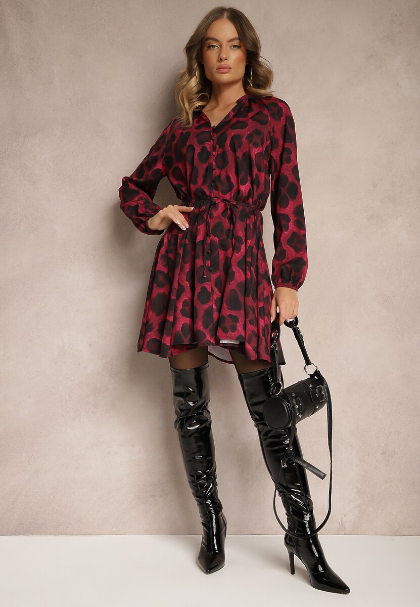 Bordowa Sukienka w Panterkowy Print o Rozkloszowanym Kroju z Wiązaniem w Talii Ameriana
