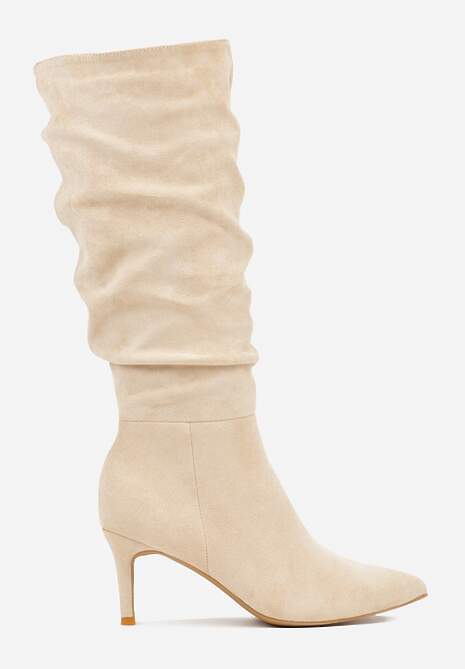 Beżowe Marszczone Kozaki z Imitacji Zamszu na Obcasie Typu Szpilka Rilavira