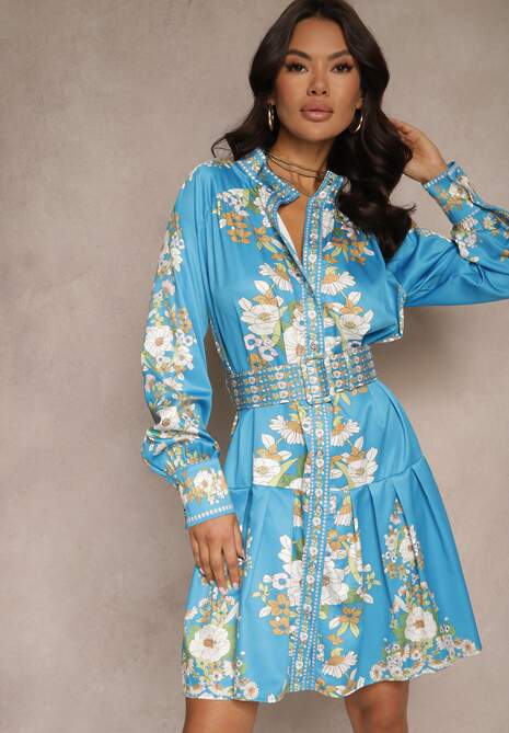 Niebieska Sukienka w Kwiaty o Koszulowym Kroju z Paskiem Alanisia