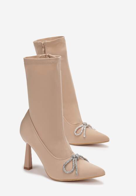 Beżowe Botki Skarpetkowe Ozdobione Kokardką z Cyrkoniami na Geometrycznej Szpilce Aife