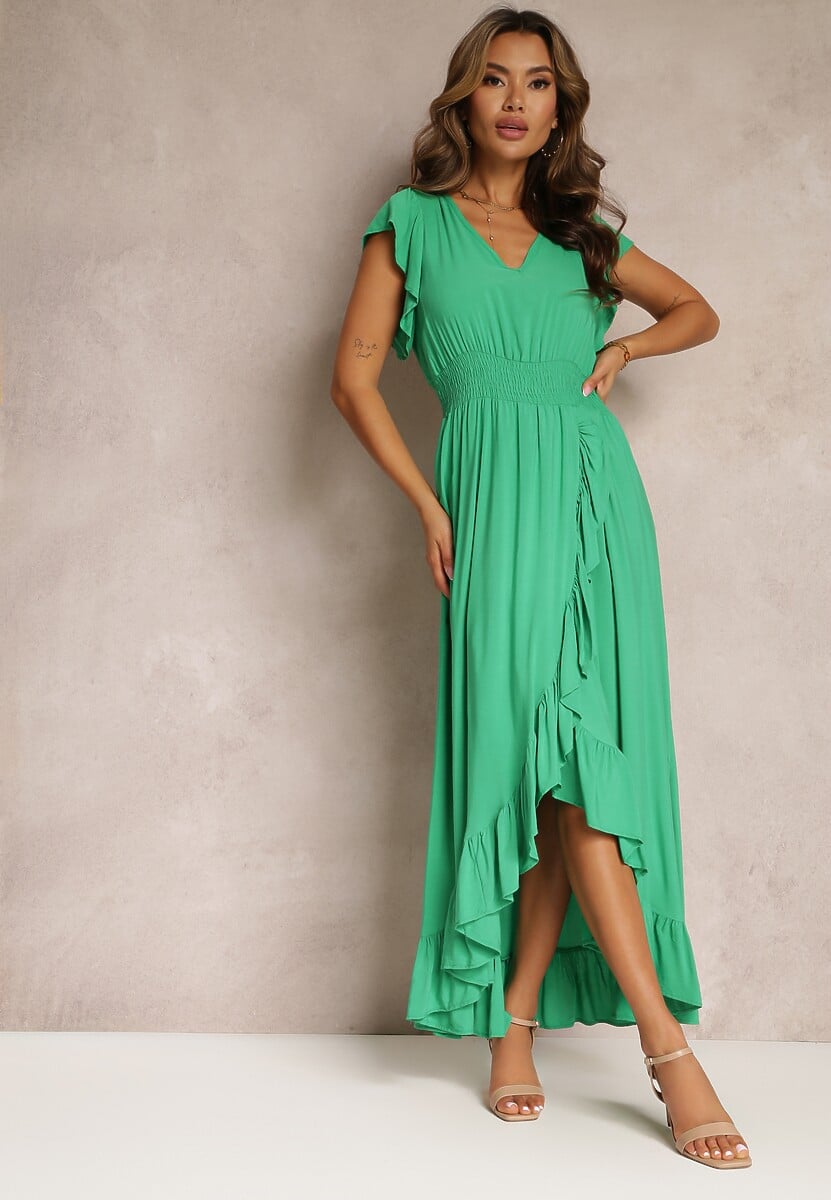 Zielona Kopertowa Sukienka z Wiskozy Ozdobiona Falbanką Carnovie