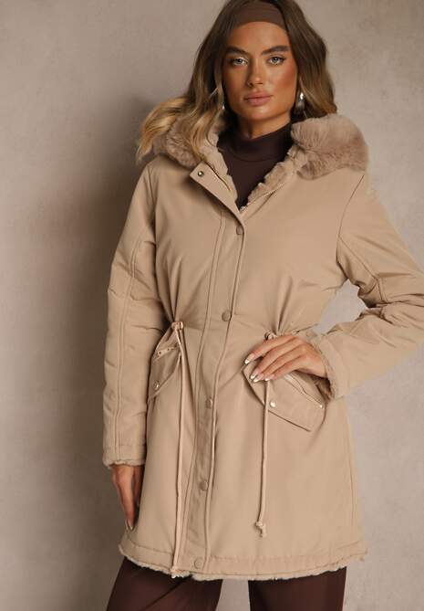 Beżowa Kurtka Parka Dwustronna z Futerkiem i Kapturem Alerisse