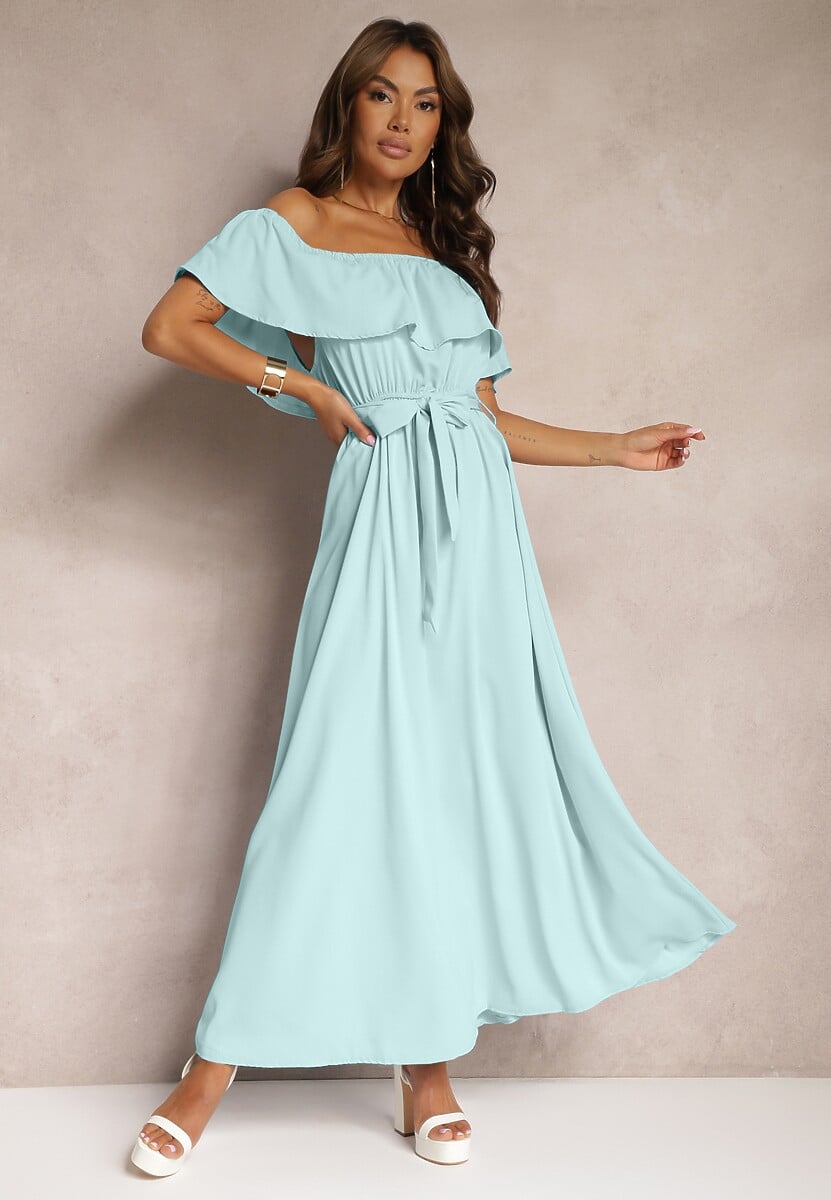 Miętowa Sukienka z Hiszpańskim Dekoltem i Dodatkiem Bawełny z Gumką i Paskiem w Talii Vimasine