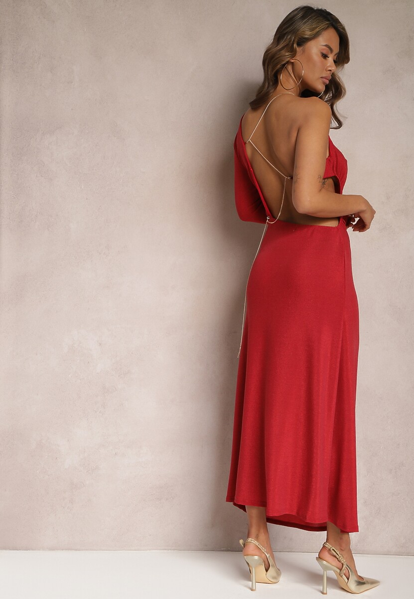 Czerwona Asymetryczna Sukienka Maxi na Jedno Ramię z Ozdobnym Łańcuszkiem Ombrelle