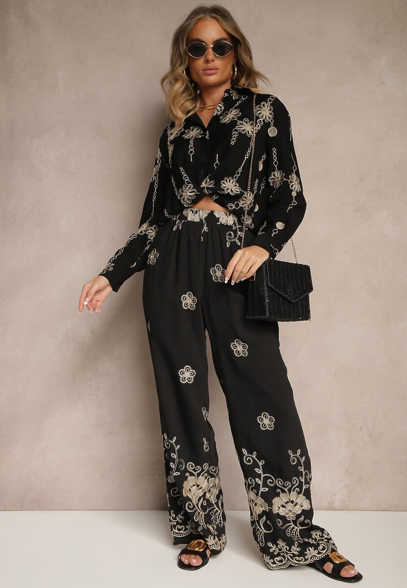 Czarny Komplet z Bawełny Koszula i Spodnie z Haftem z Metalicznymi Przeszyciami Banorea